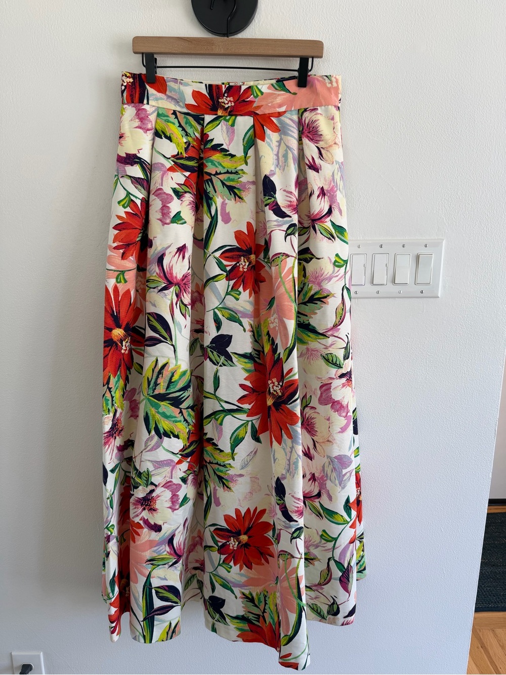 Eliza J Floral Pleated Maxi Skirt in Cream, Red, Pink, Green